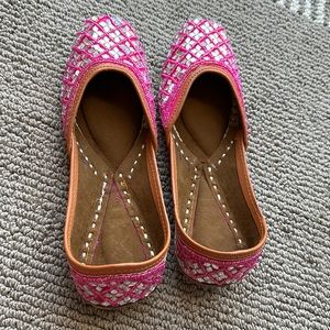Handmade Embroidered Leather Boho Flats, Juttis, Made in India, Size 6-6.5